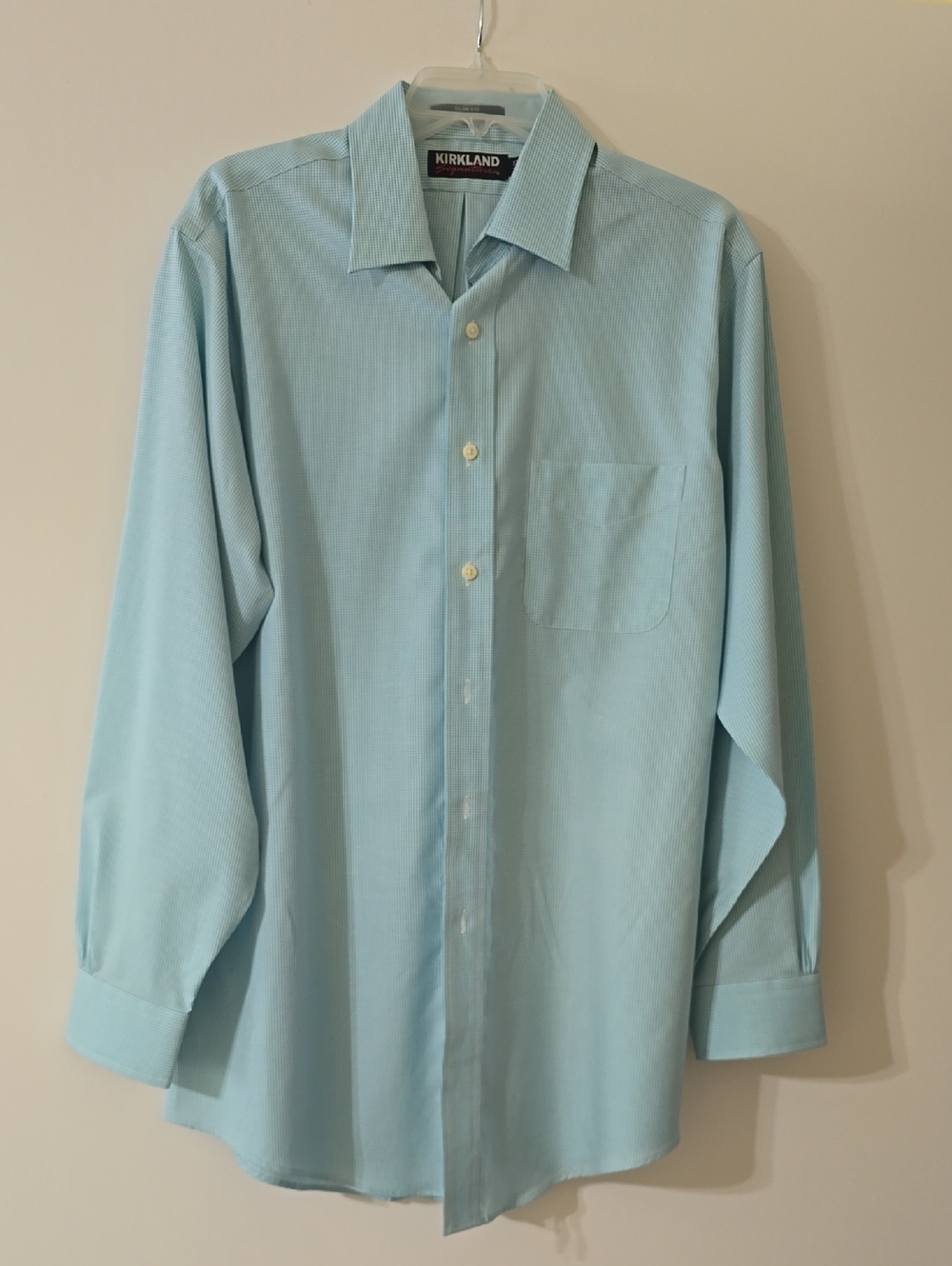 Kirkland Signature Men's Aqua/White Long-Sleeve Dress Shirt